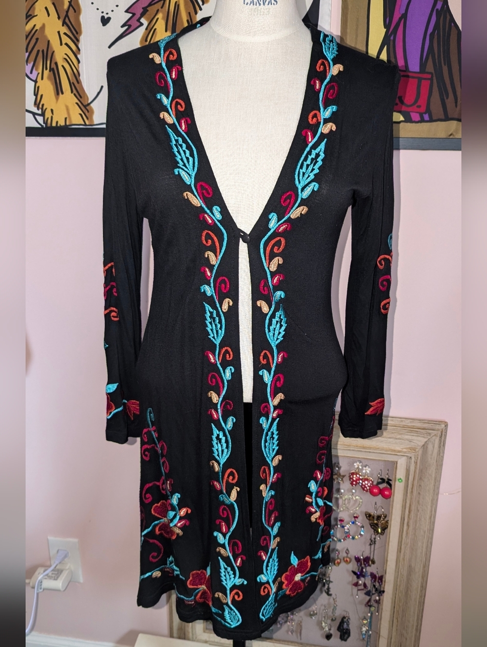 Scully Black Long Sleeve Embroidered V-Front Dress